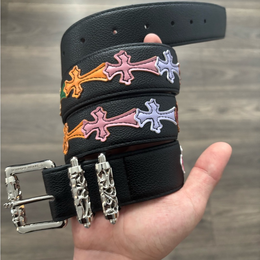 Nice black belt with beautiful multi-colored crosses on it